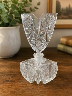 Vintage Cut Crystal Czechoslovakian Perfume Bottle w/ V-Shaped Stopper